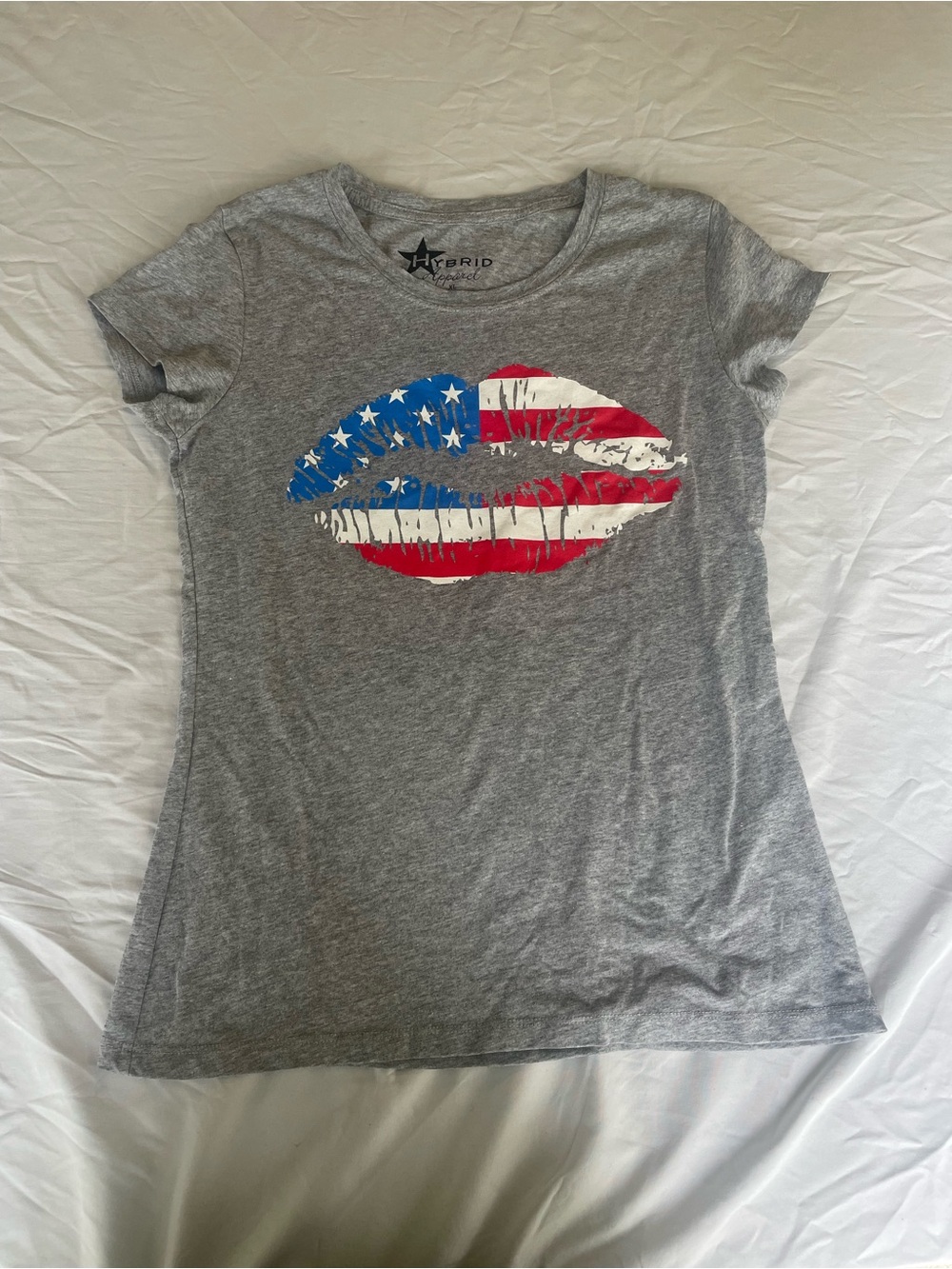 Hybrid Apparel Grey Short Sleeve Tee with Red, White & Blue Flag Lip Graphic